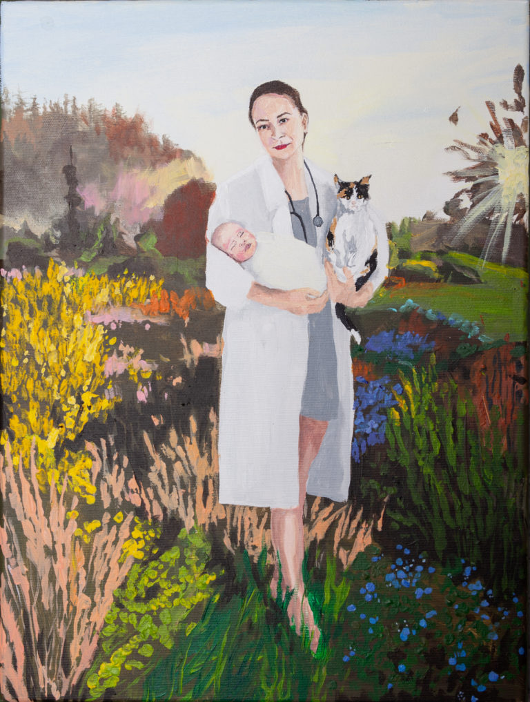 Portret malowany na płótnie - lekarka z kotem