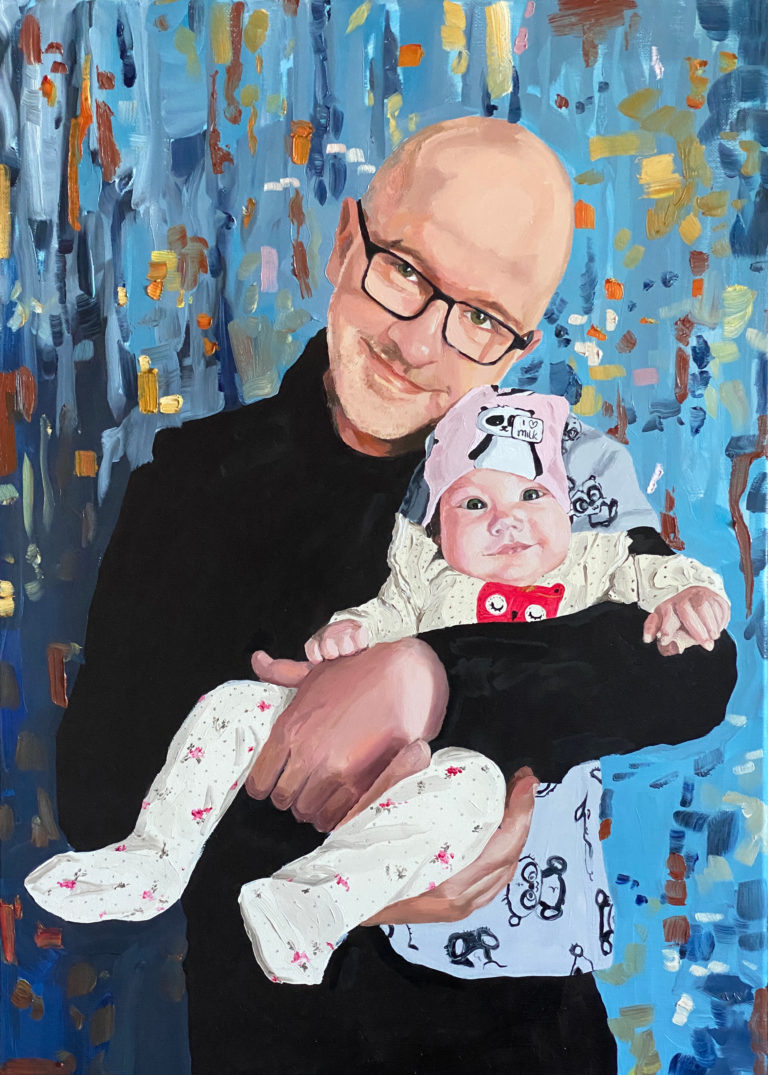 Portret malowany na płótnie - ojciec z dzieckiem